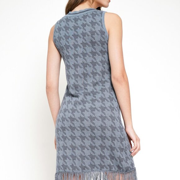 MYSTREE Blue Houndstooth Fringe Hem Sleeveless Dress Retro Boho Style - Picture 4 of 7